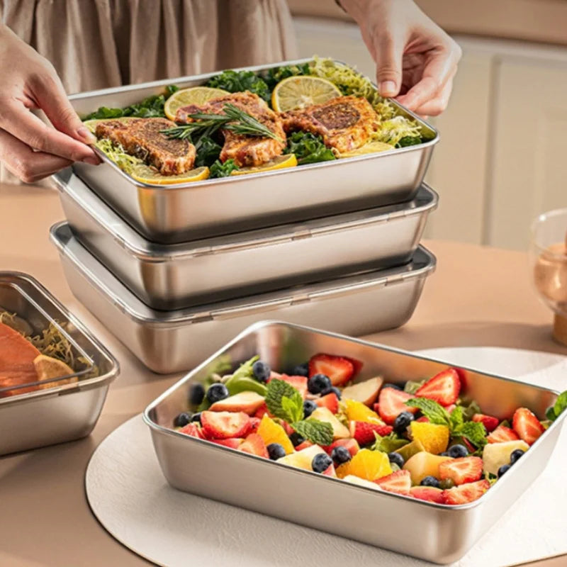 3pcs Stainless Steel Home Food Storage Container Rectangle Dish with Cover Noodles Fruit Tray Lunch Box Thick Food Container