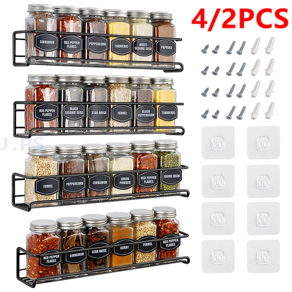 Wall Mount Spice Rack Organizer – Space Saving Metal Kitchen Storage (1/2/4pcs)