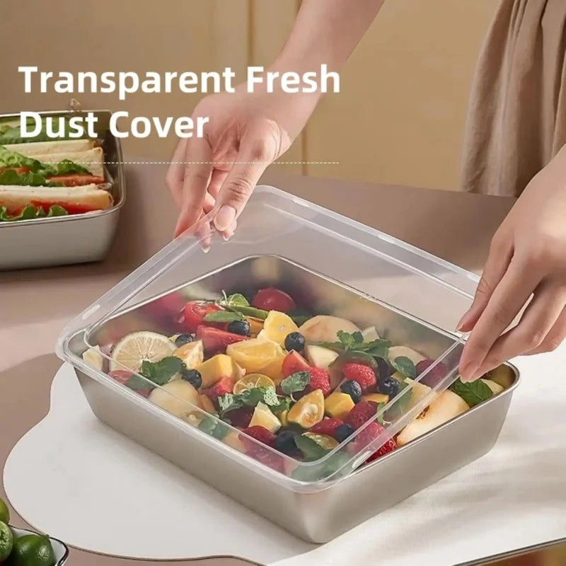 3pcs Stainless Steel Home Food Storage Container Rectangle Dish with Cover Noodles Fruit Tray Lunch Box Thick Food Container