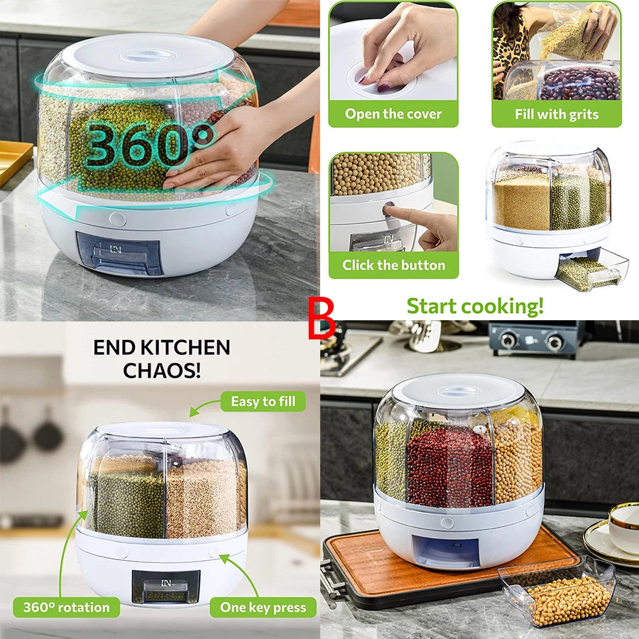 Rotating 6-Grid Food Dispenser 360° - Airtight Kitchen Storage Container for Grains, Cereal & Dry Goods