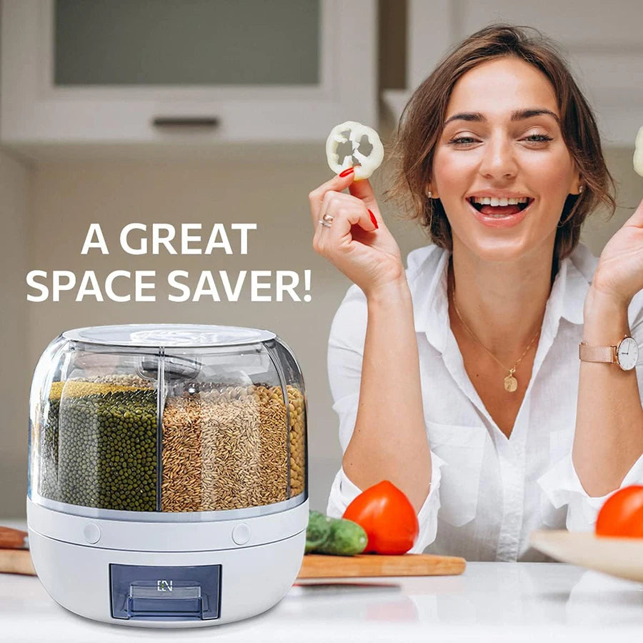 Rotating 6-Grid Food Dispenser 360° - Airtight Kitchen Storage Container for Grains, Cereal & Dry Goods