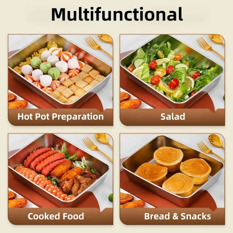 3pcs Stainless Steel Home Food Storage Container Rectangle Dish with Cover Noodles Fruit Tray Lunch Box Thick Food Container