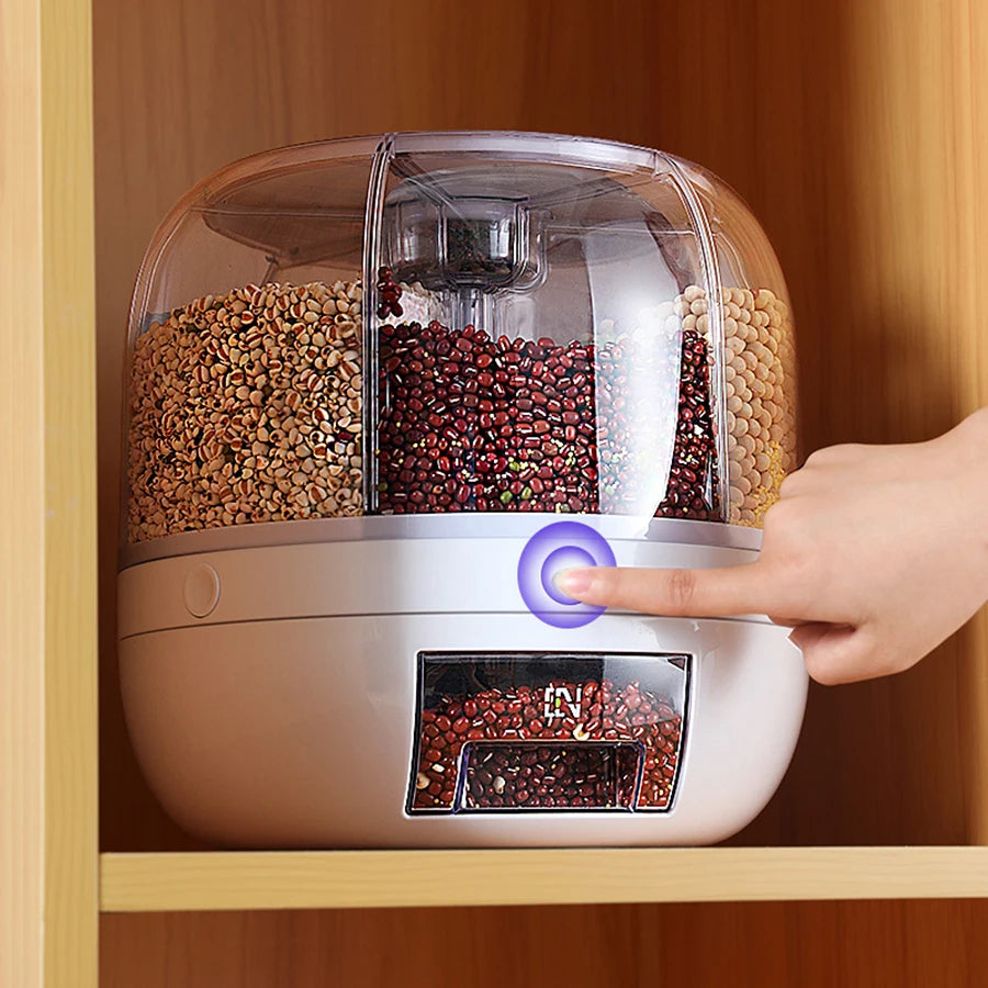 Rotating 6-Grid Food Dispenser 360° - Airtight Kitchen Storage Container for Grains, Cereal & Dry Goods