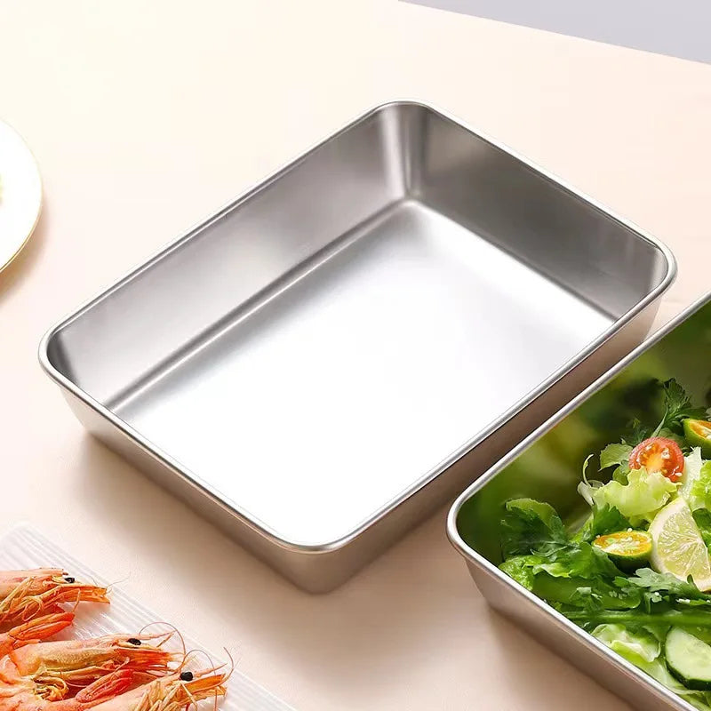3pcs Stainless Steel Home Food Storage Container Rectangle Dish with Cover Noodles Fruit Tray Lunch Box Thick Food Container