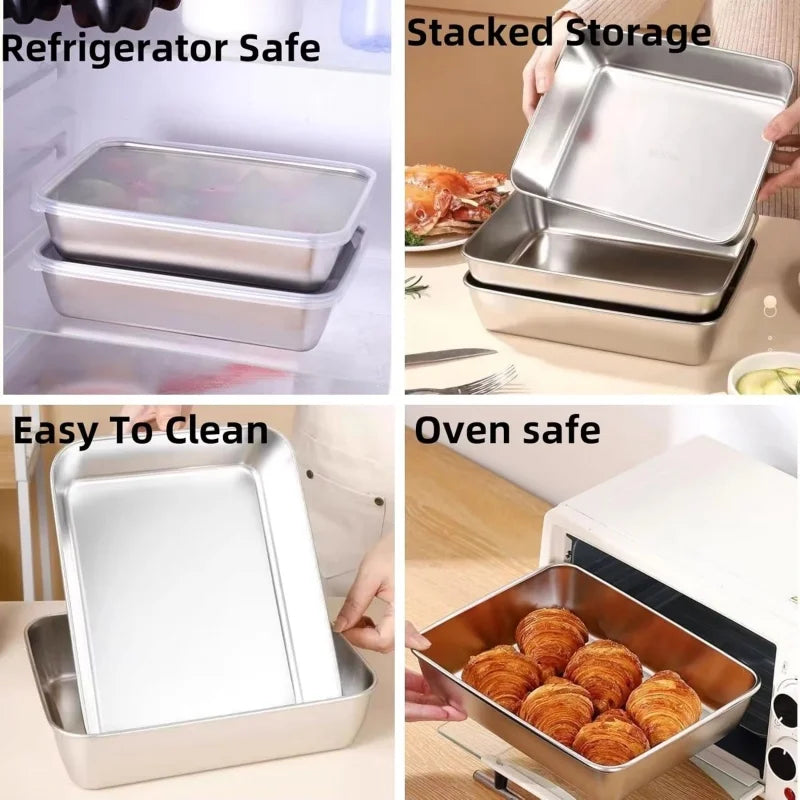 3pcs Stainless Steel Home Food Storage Container Rectangle Dish with Cover Noodles Fruit Tray Lunch Box Thick Food Container