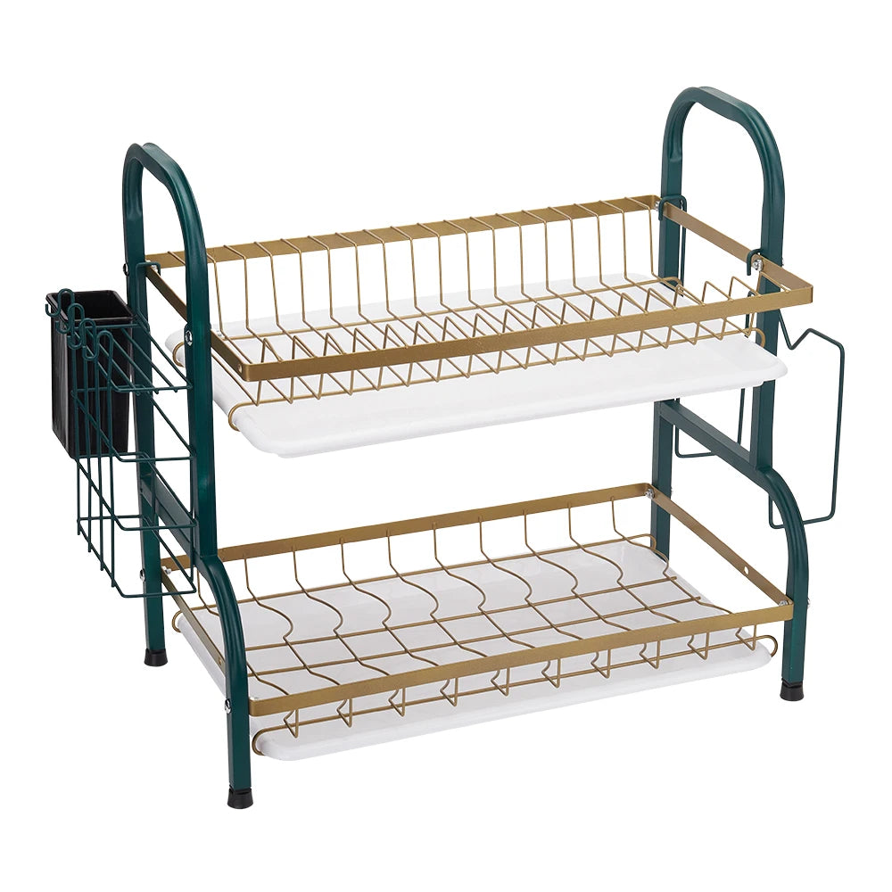 2-Tier Dish Drying Rack – Carbon Steel Kitchen Organizer with Utensil Holder
