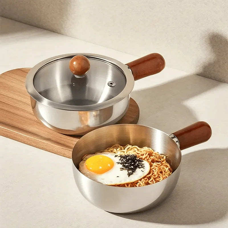 Stainless Steel Milk Pot with Wooden Handle – Induction Compatible Saucepan
