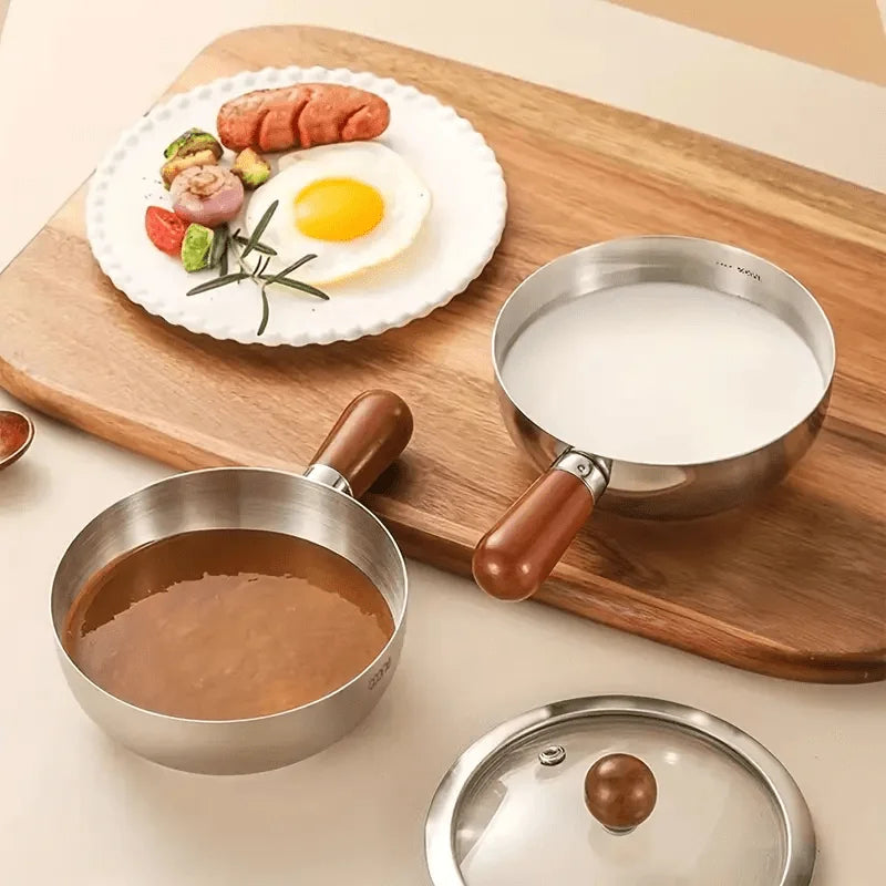 Stainless Steel Milk Pot with Wooden Handle – Induction Compatible Saucepan